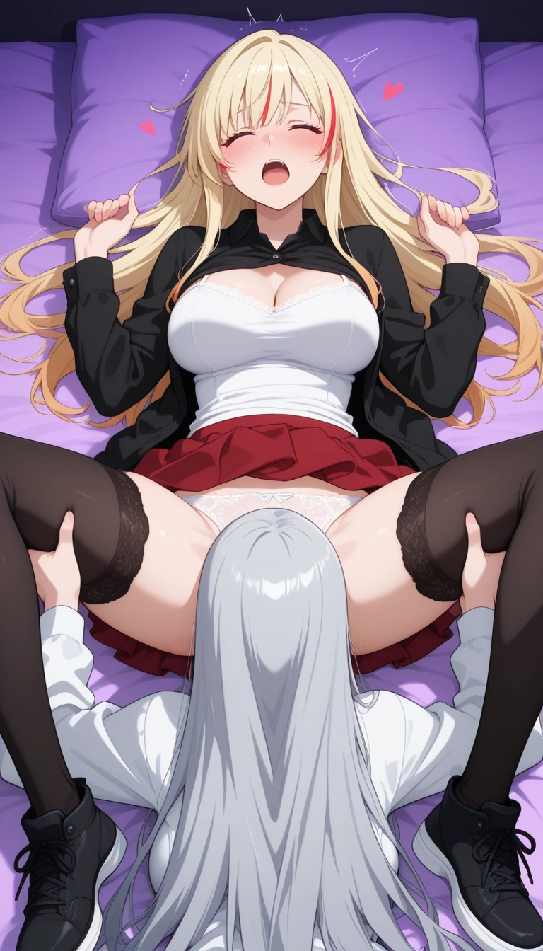 lying, on back, cunnilingus, breasts, thighhighs, pillow · Yamete.gg