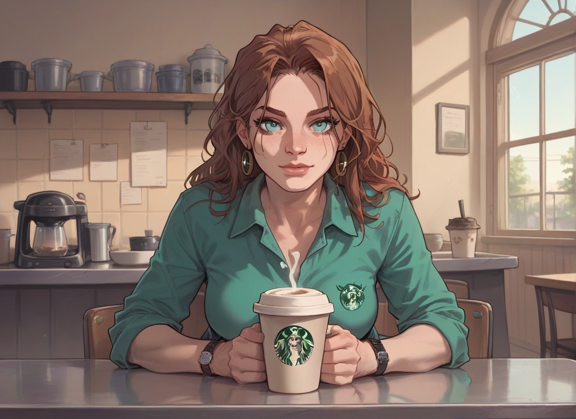 1girl, brown hair, shirt, watch, looking at viewer, cup · Yamete.gg