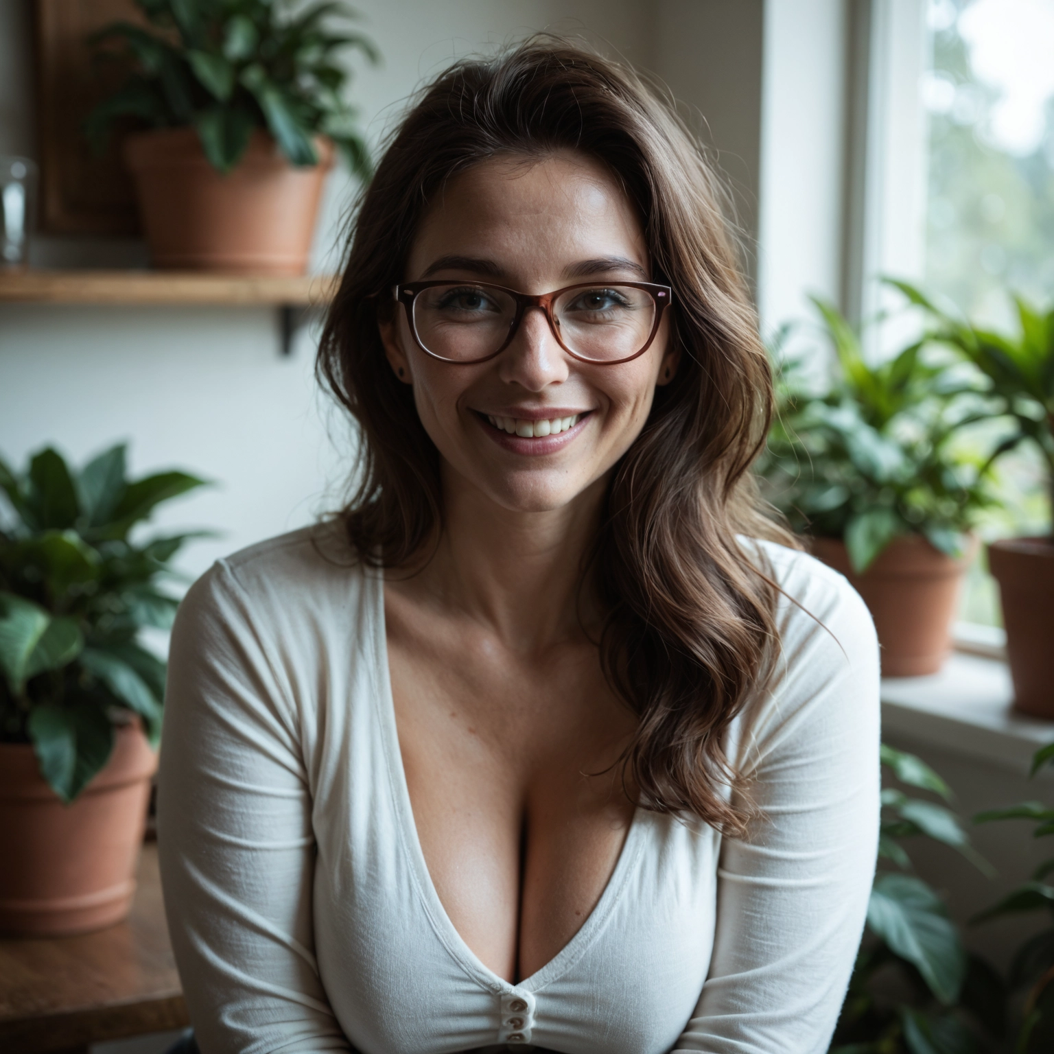 1girl, breasts, cleavage, solo, glasses, smile · Yamete.gg
