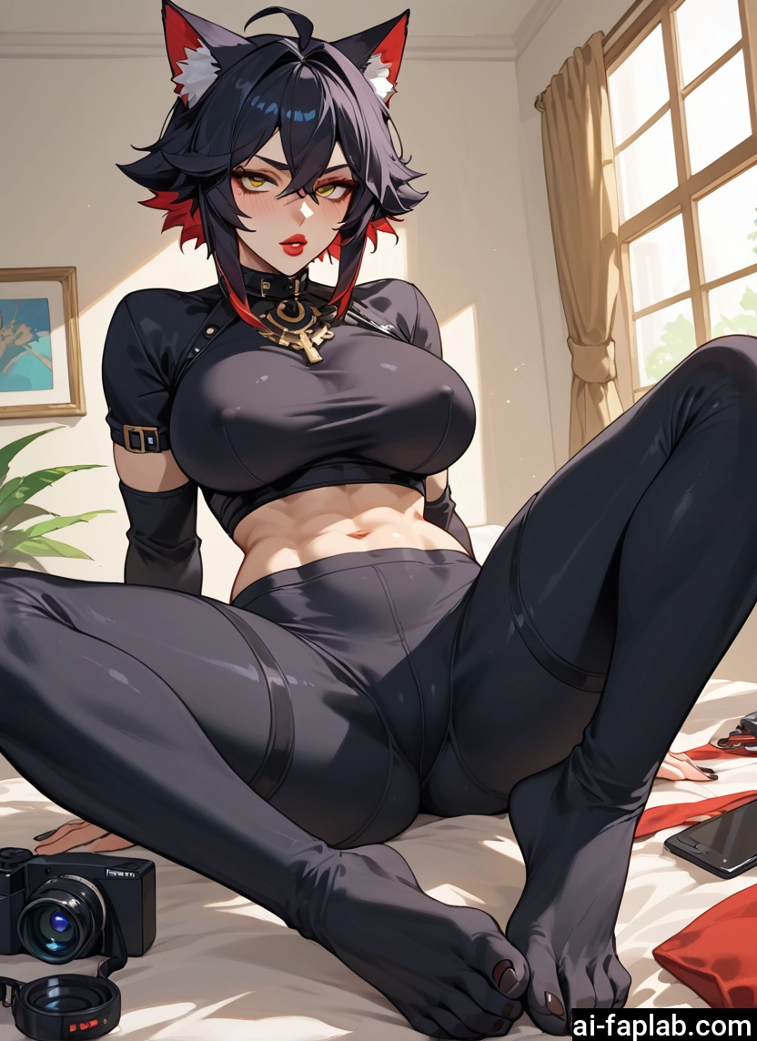 1girl, breasts, animal ears, black hair, multicolored hair, large breasts