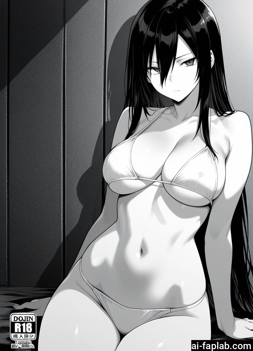 1girl, breasts, monochrome, greyscale, long hair, swimsuit