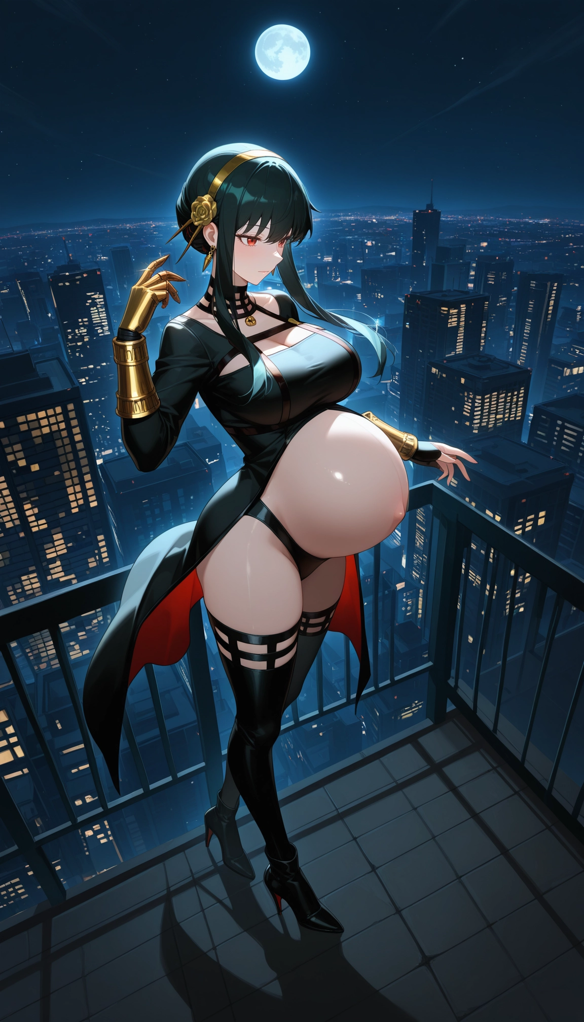1girl, yor briar, breasts, solo, black hair, moon · Yamete.gg