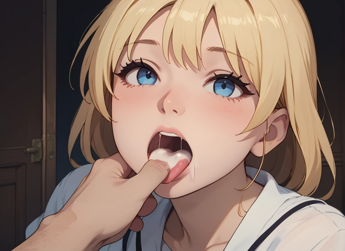 1girl, blue eyes, blonde hair, cum, open mouth, cum in mouth · Yamete.gg