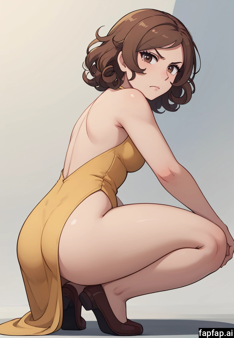 1girl, solo, brown hair, dress, brown eyes, squatting · Yamete.gg