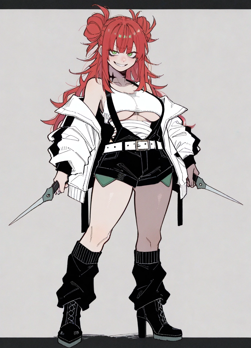 1girl, breasts, solo, green eyes, underboob, jacket · Yamete.gg