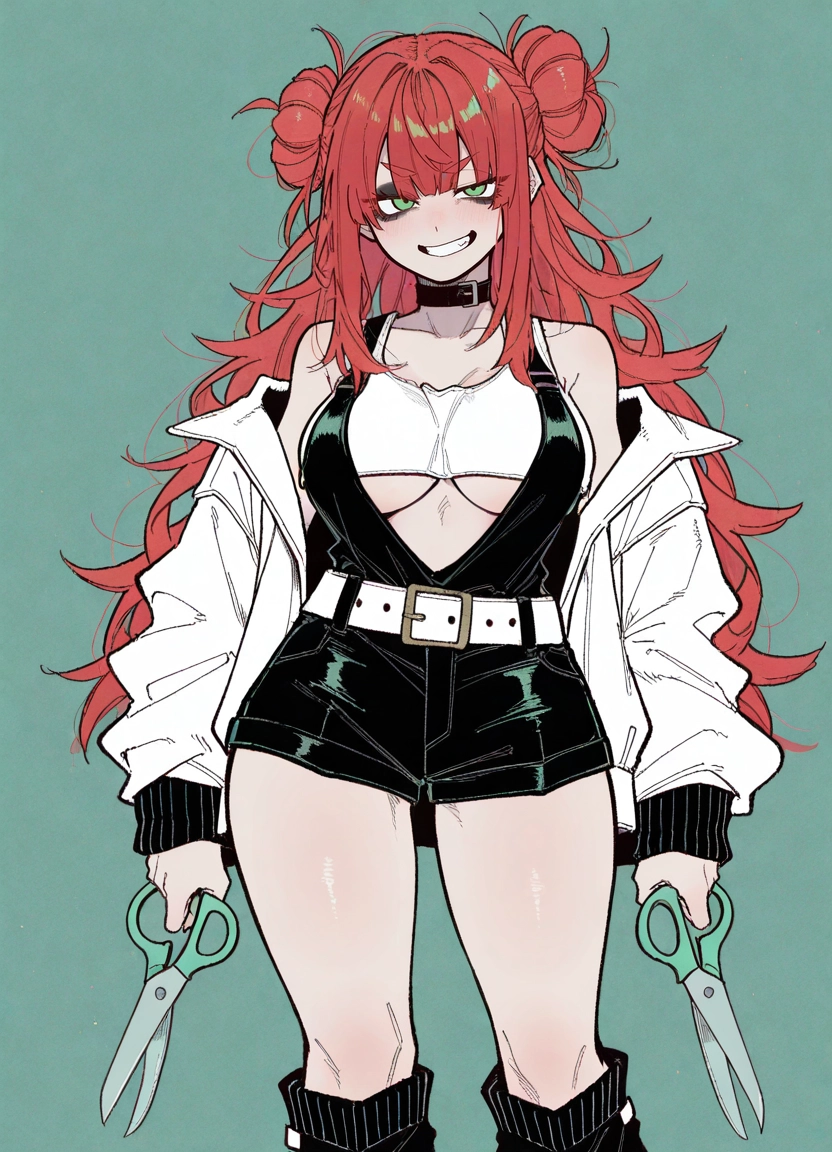 1girl, breasts, green eyes, solo, double bun, jacket · Yamete.gg
