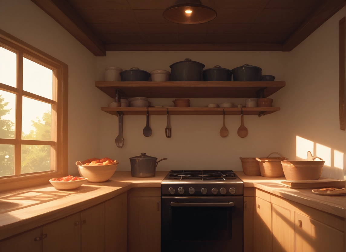 no humans, kitchen, window, indoors, scenery, food · Yamete.gg