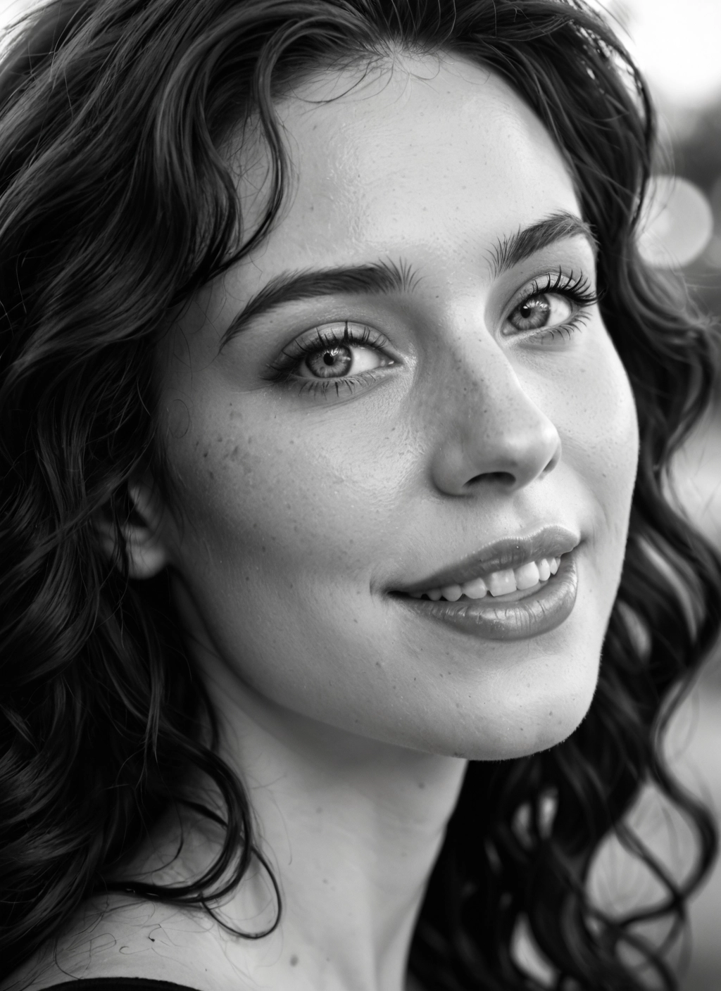 1girl, monochrome, greyscale, solo, realistic, smile · Yamete.gg
