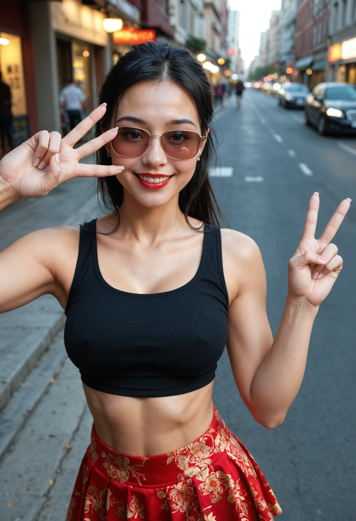 v, 1girl, solo, black hair, sunglasses, double v · Yamete.gg