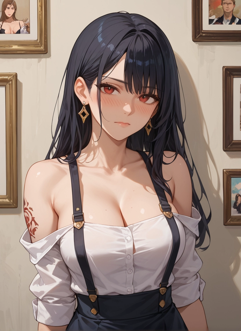 breasts, cleavage, jewelry, earrings, black hair, 1girl · Yamete.gg