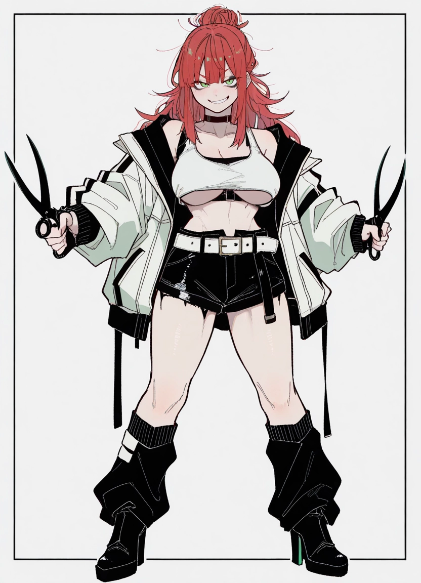 1girl, breasts, green eyes, jacket, solo, shorts · Yamete.gg