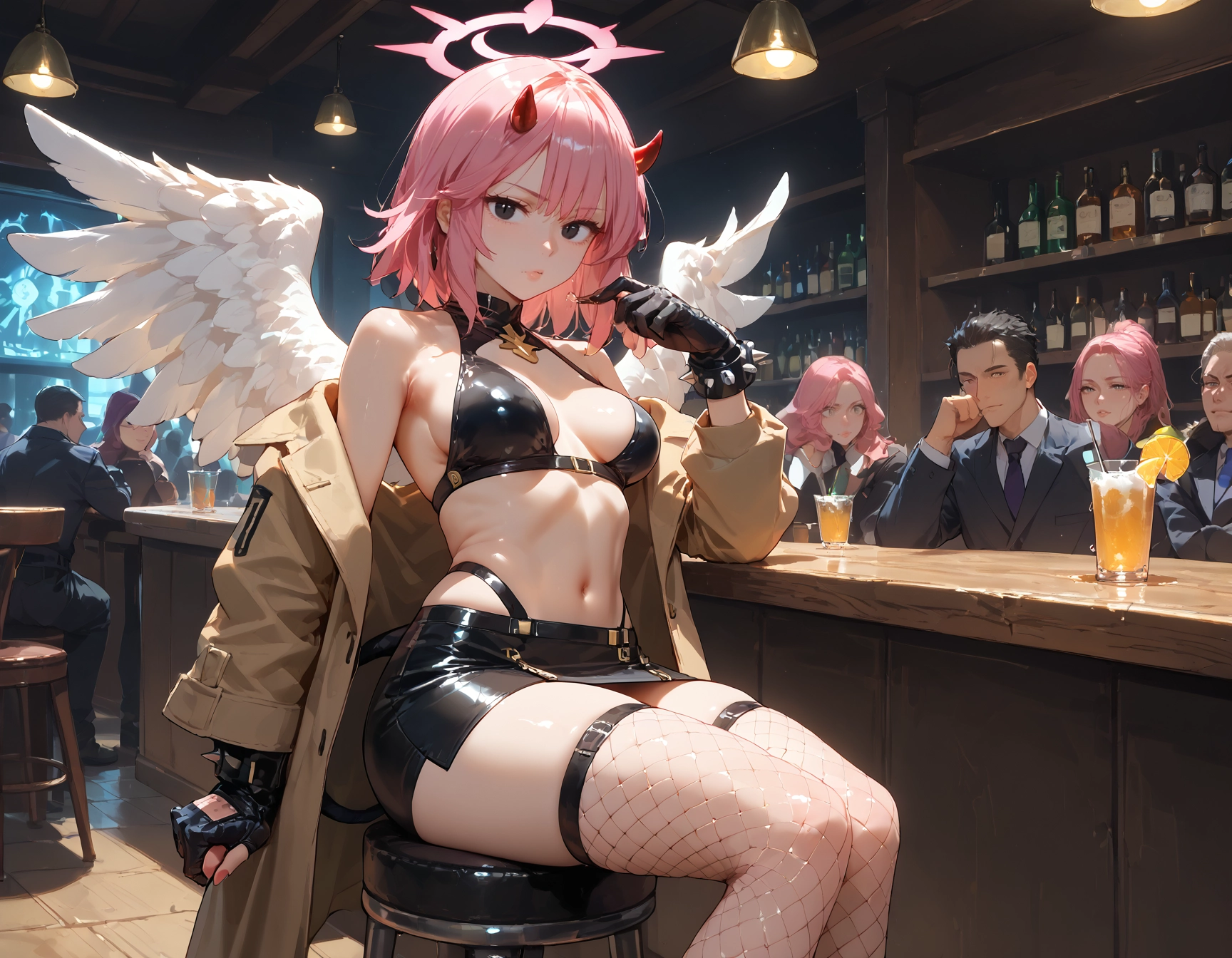 fishnets, multiple girls, pink hair, breasts, bare shoulders, thighhighs · Yamete.gg
