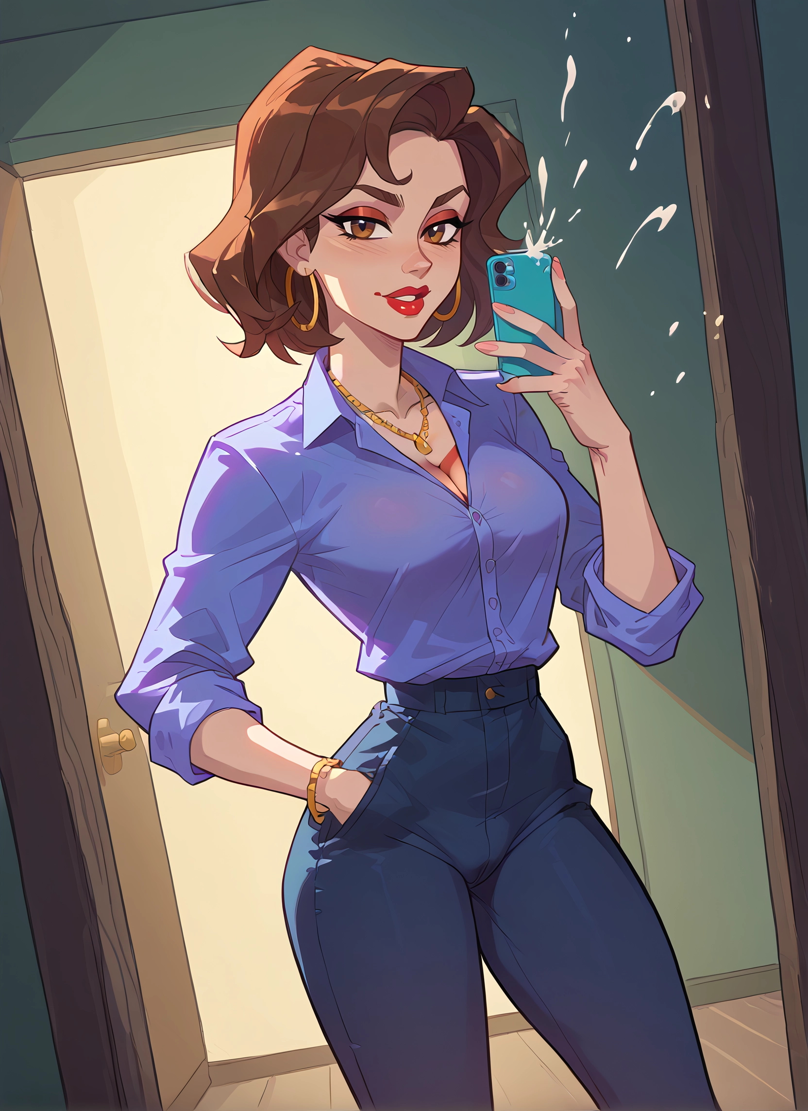 1girl, breasts, jewelry, brown hair, earrings, phone · Yamete.gg
