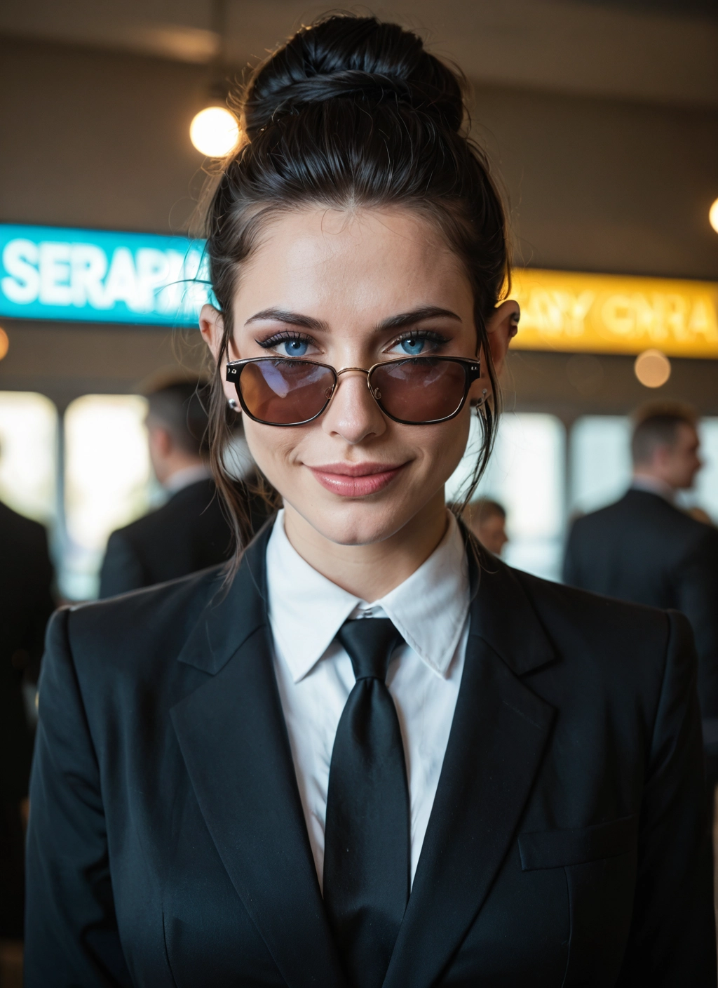 1girl, necktie, sunglasses, blue eyes, black hair, looking at viewer · Yamete.gg