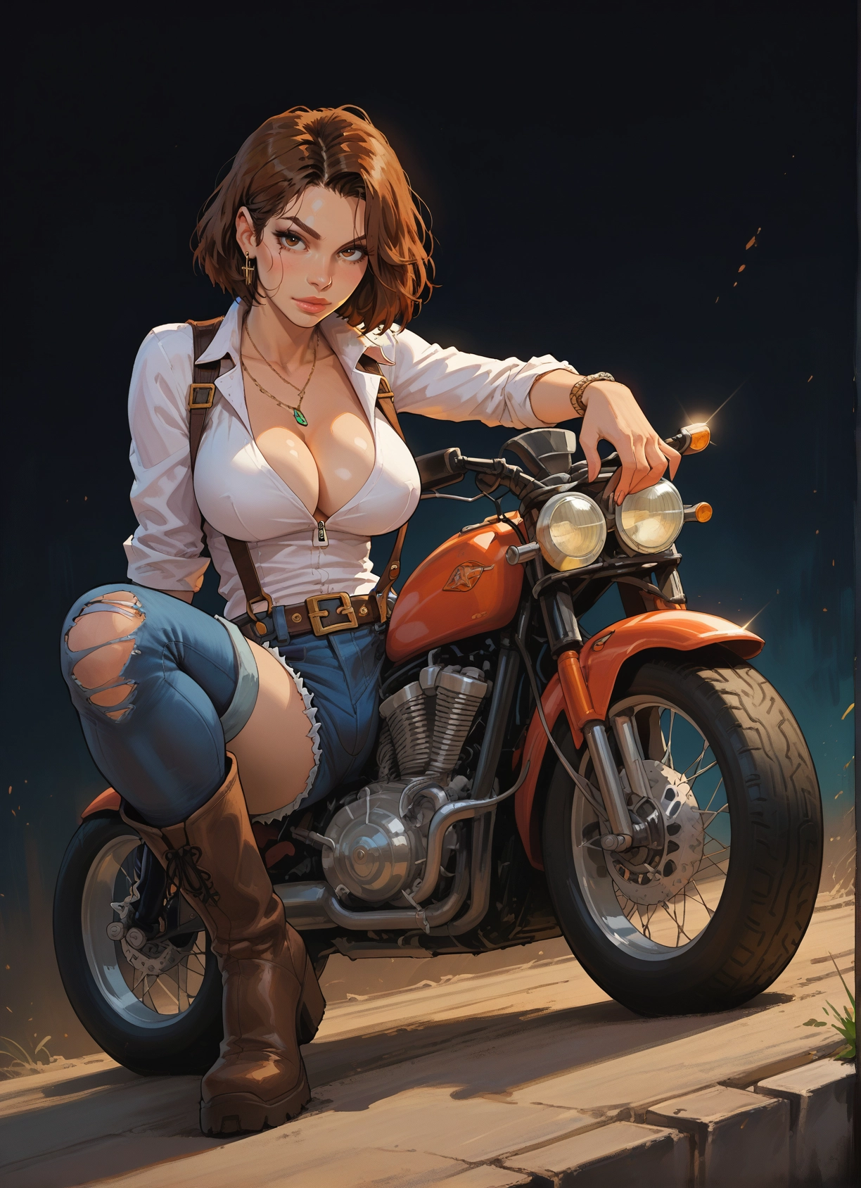 1girl, breasts, motor vehicle, ground vehicle, jewelry, motorcycle · Yamete.gg