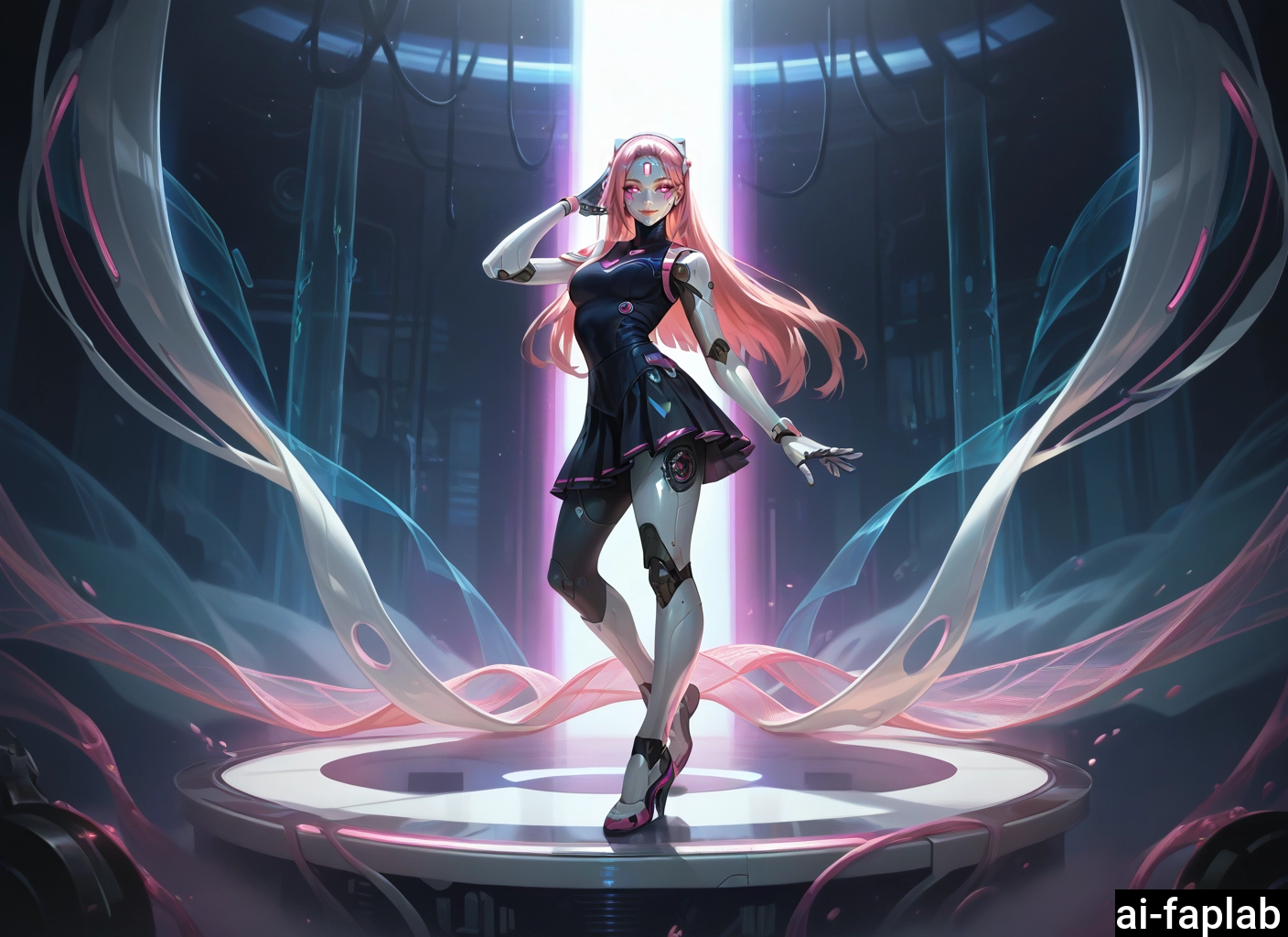 1girl, solo, long hair, pink hair, robot joints, full body