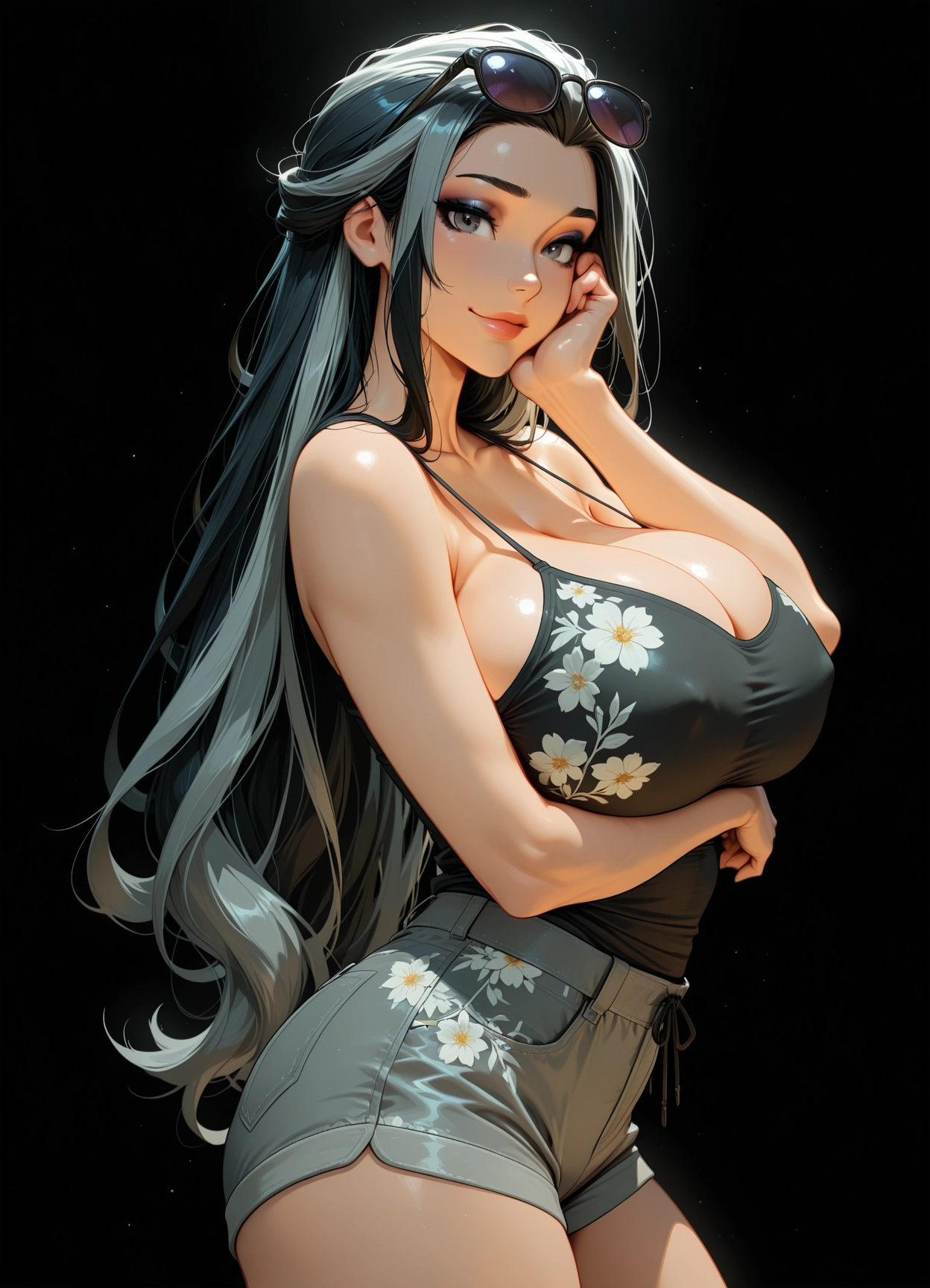 1girl, breasts, shorts, solo, makeup, eyewear on head · Yamete.gg