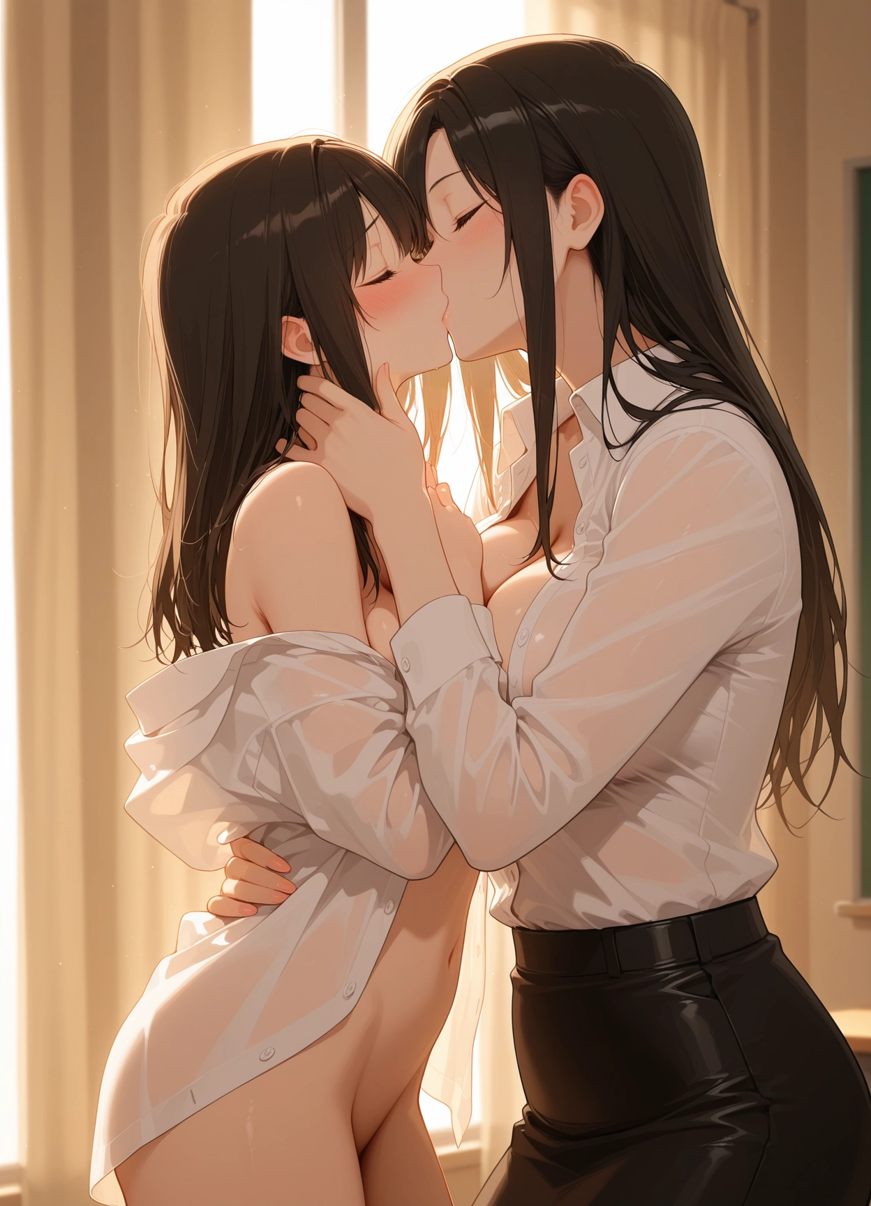 multiple girls, breasts, 2girls, yuri, kiss, closed eyes · Yamete.gg