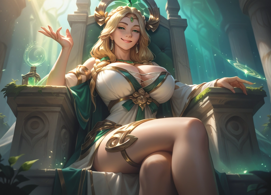 1girl, breasts, blonde hair, crossed legs, sitting, jewelry · Yamete.gg