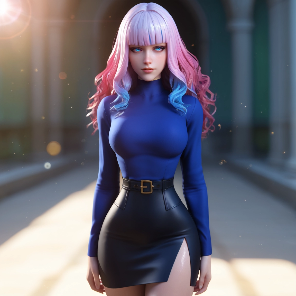 1girl, solo, skirt, pink hair, blue eyes, breasts · Yamete.gg