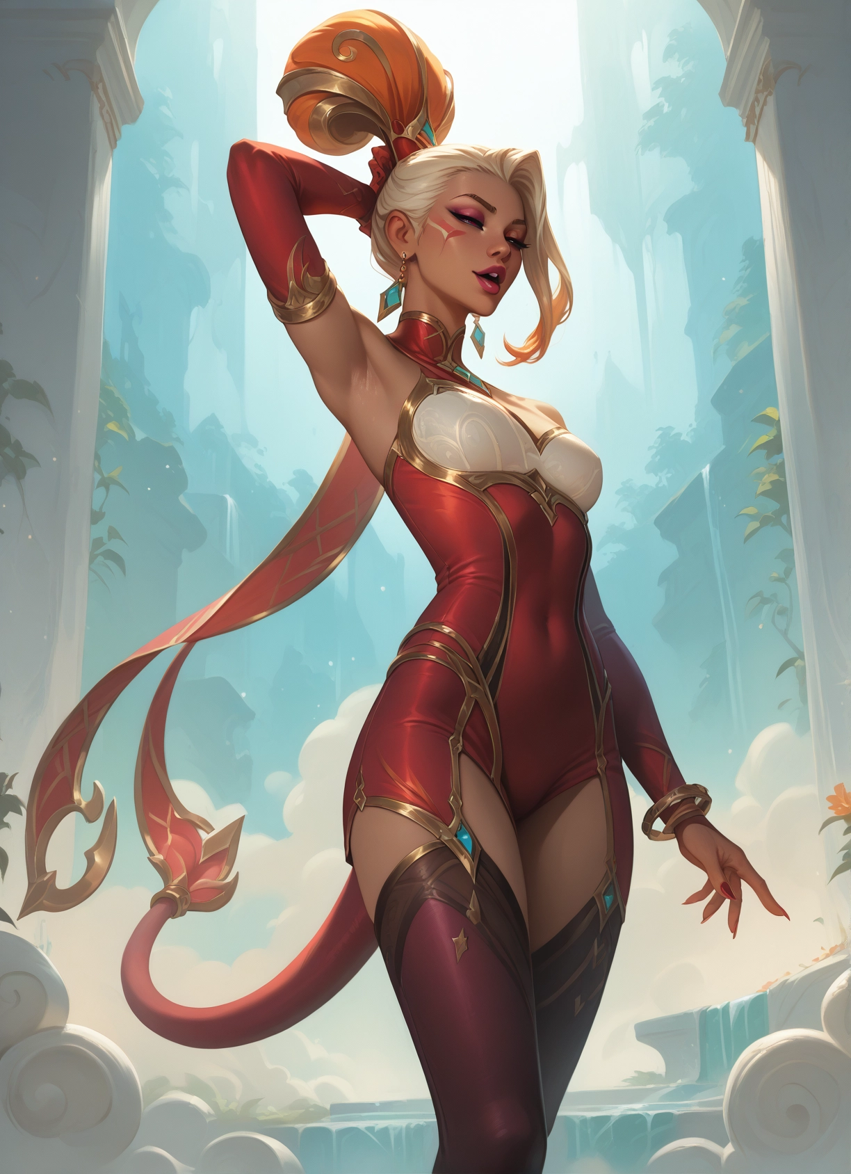 1girl, solo, jewelry, tail, breasts, earrings · Yamete.gg