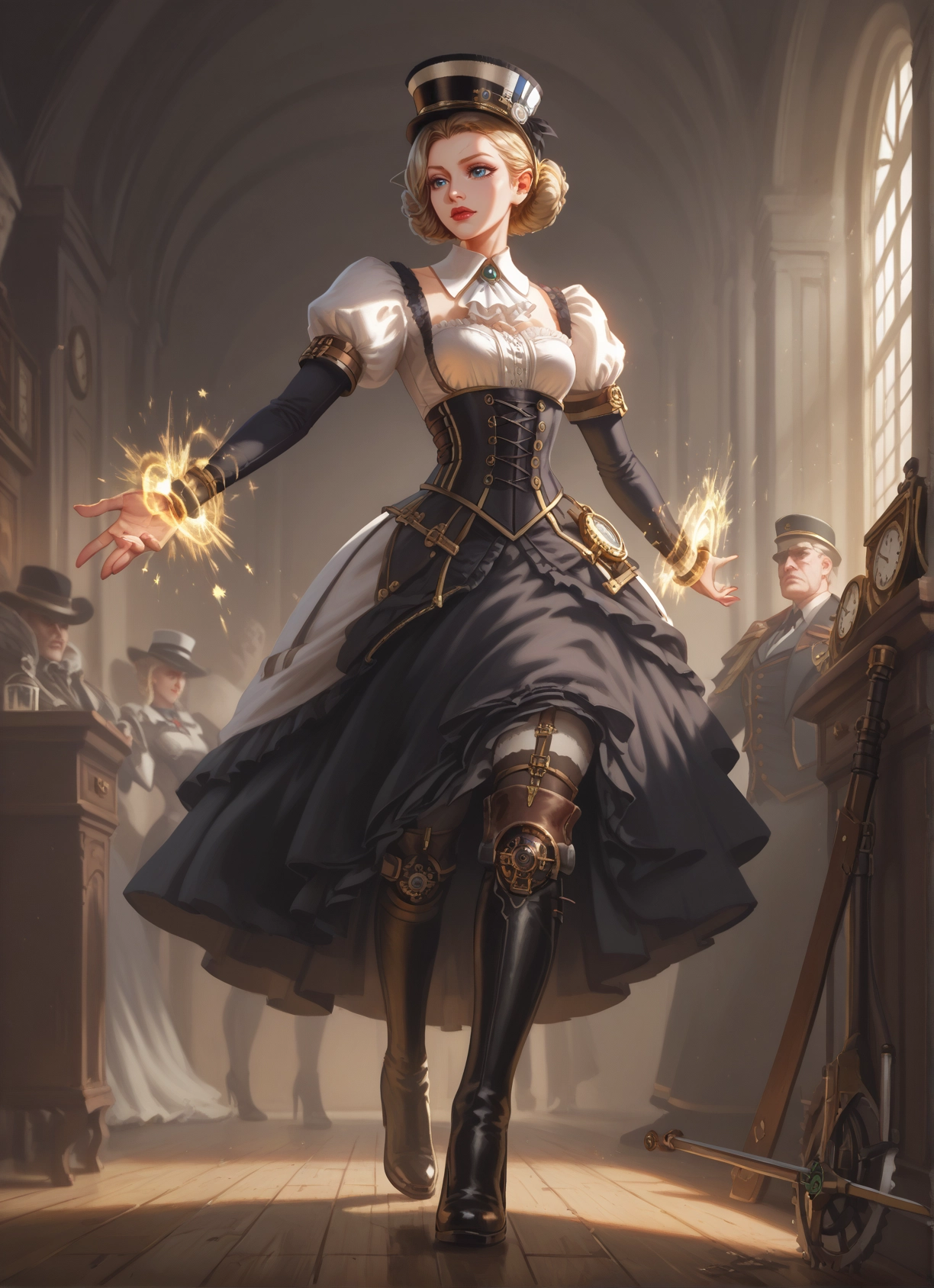 hat, blonde hair, boots, blue eyes, thighhighs, indoors · Yamete.gg