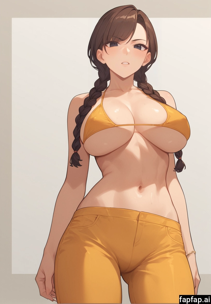 1girl, breasts, solo, twin braids, brown hair, swimsuit