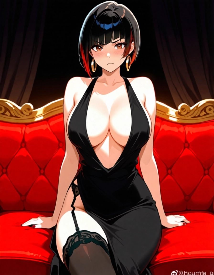 1girl, breasts, black hair, solo, dress, thighhighs · Yamete.gg