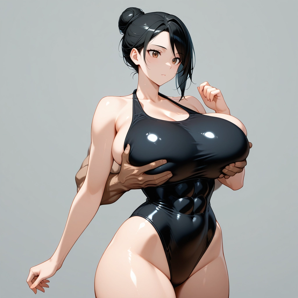 1girl, breasts, black hair, one-piece swimsuit, grabbing, 1boy · Yamete.gg