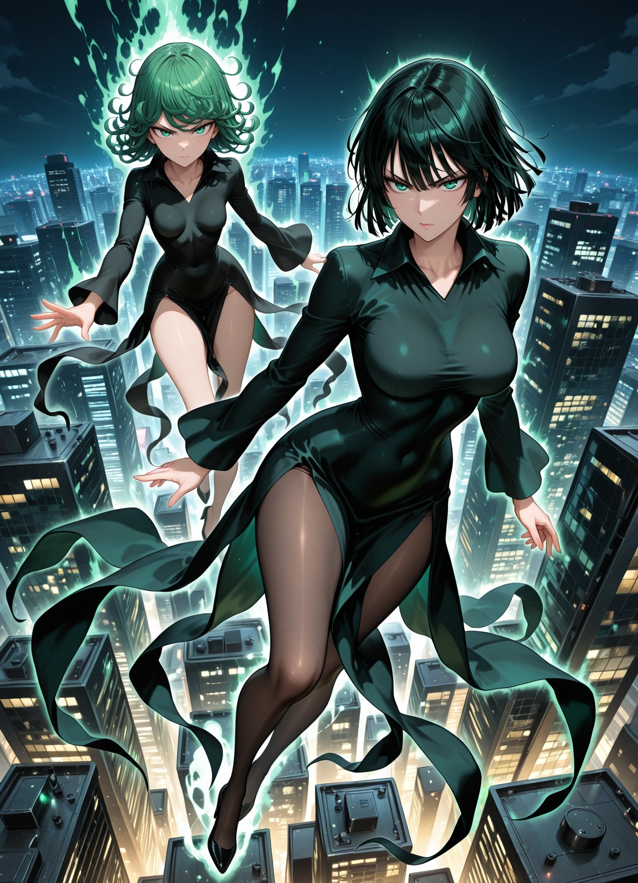 night, tatsumaki, breasts, green eyes, dress, multiple girls · Yamete.gg