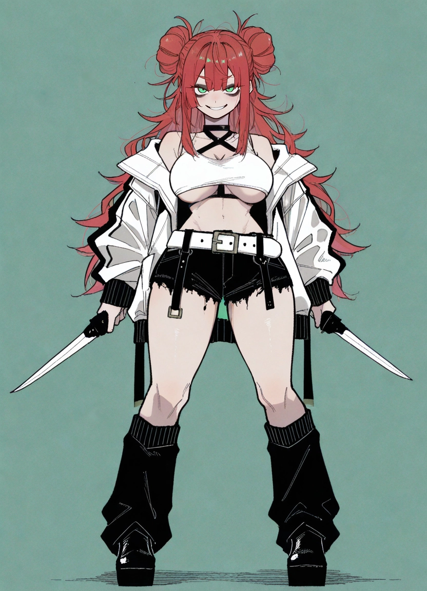1girl, breasts, solo, double bun, jacket, holding · Yamete.gg