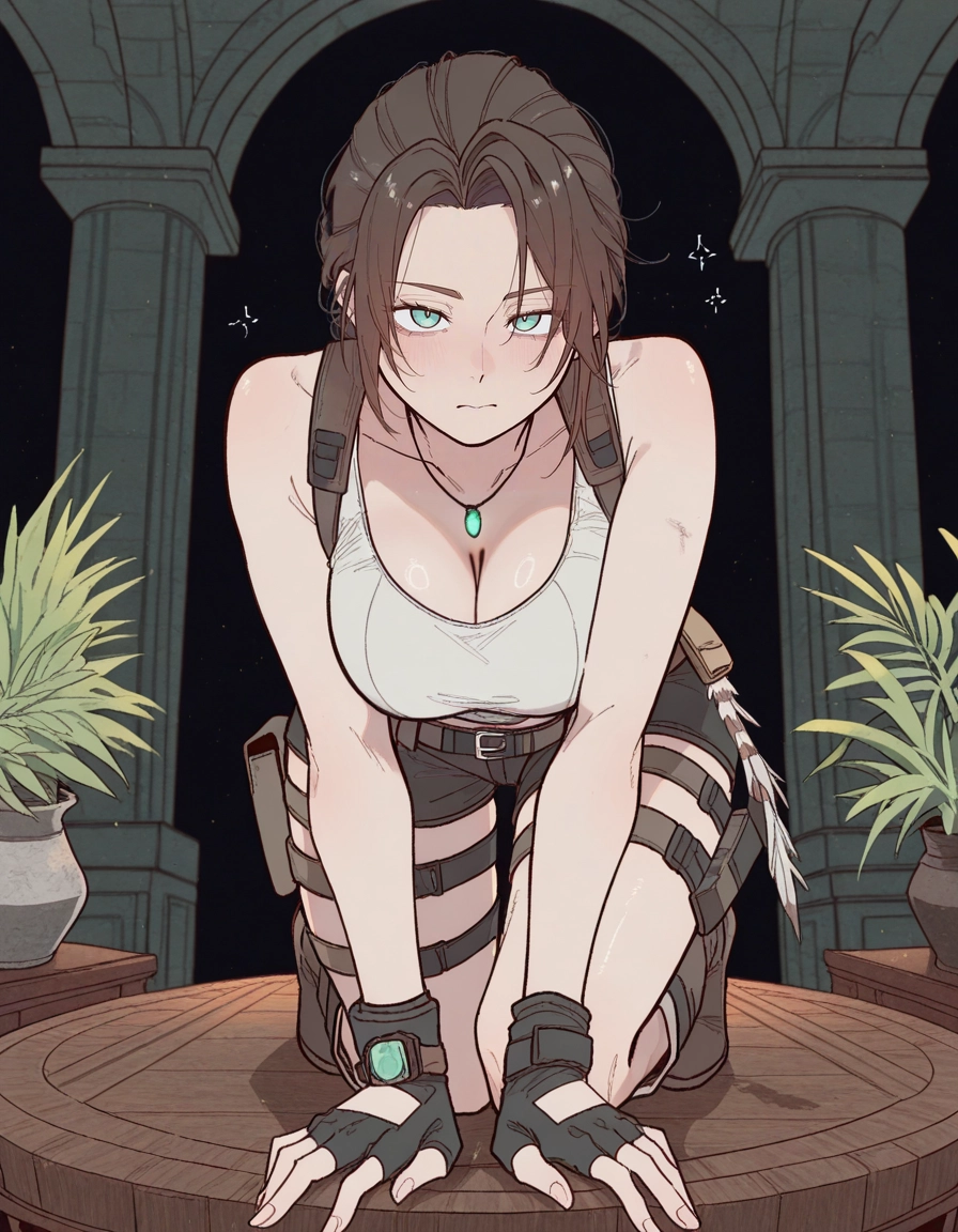 1girl, breasts, gloves, cleavage, fingerless gloves, shorts · Yamete.gg