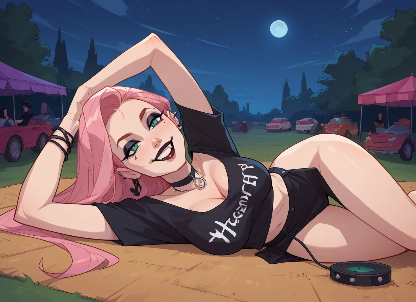 breasts, pink hair, mole, moon, mole under eye, jewelry · Yamete.gg