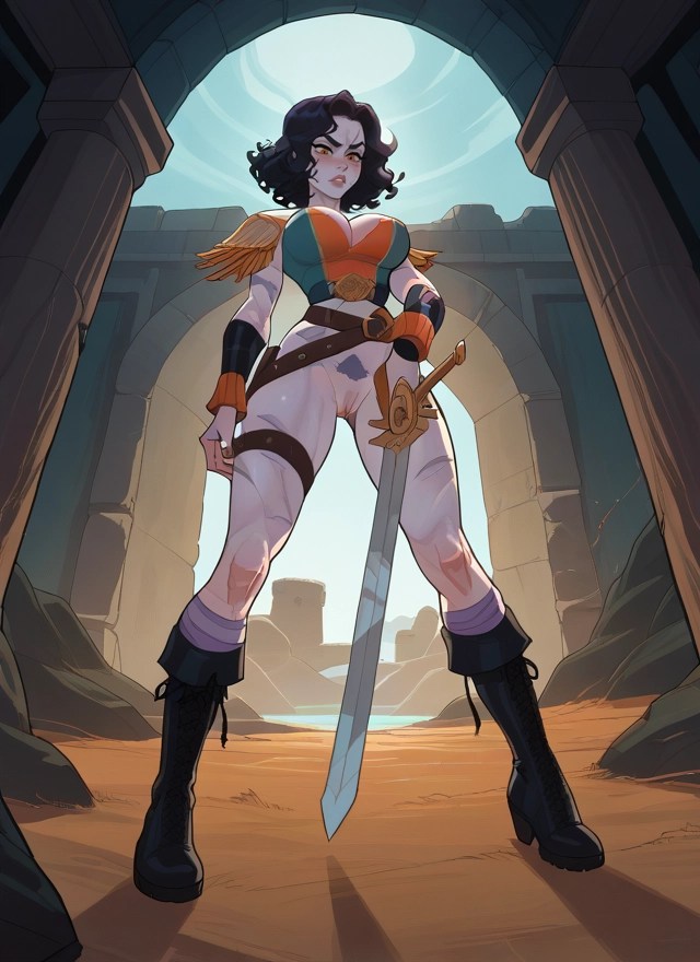 1girl, weapon, sword, breasts, pussy, solo