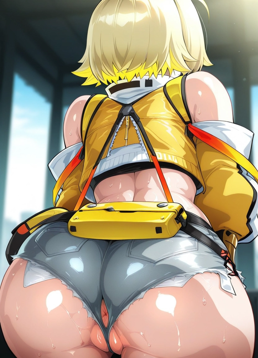 1girl, ass, shorts, blonde hair, solo, anus peek