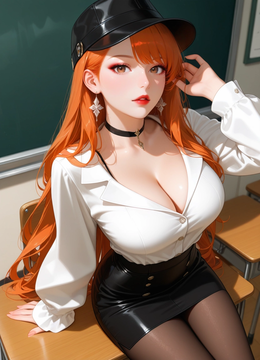 1girl, breasts, solo, pantyhose, orange hair, skirt · Yamete.gg