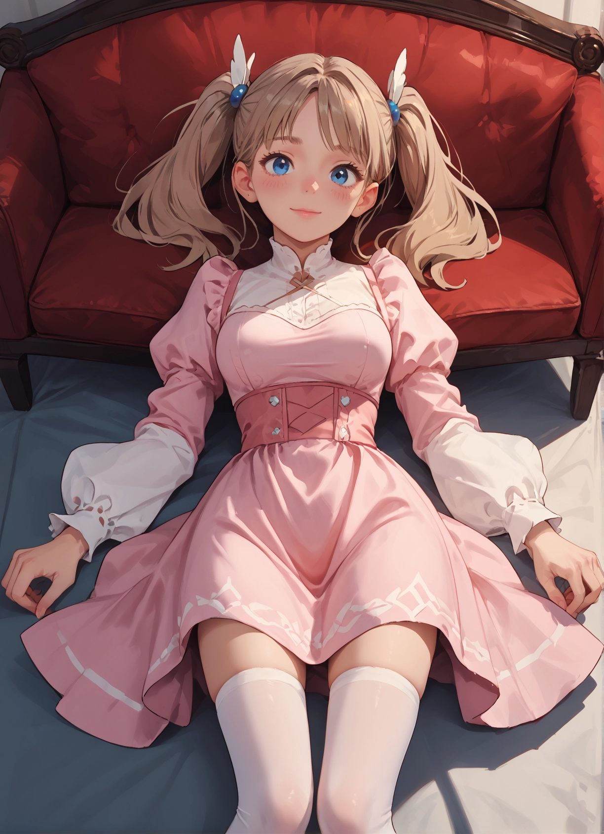 1girl, thighhighs, solo, blue eyes, twintails, white legwear · Yamete.gg