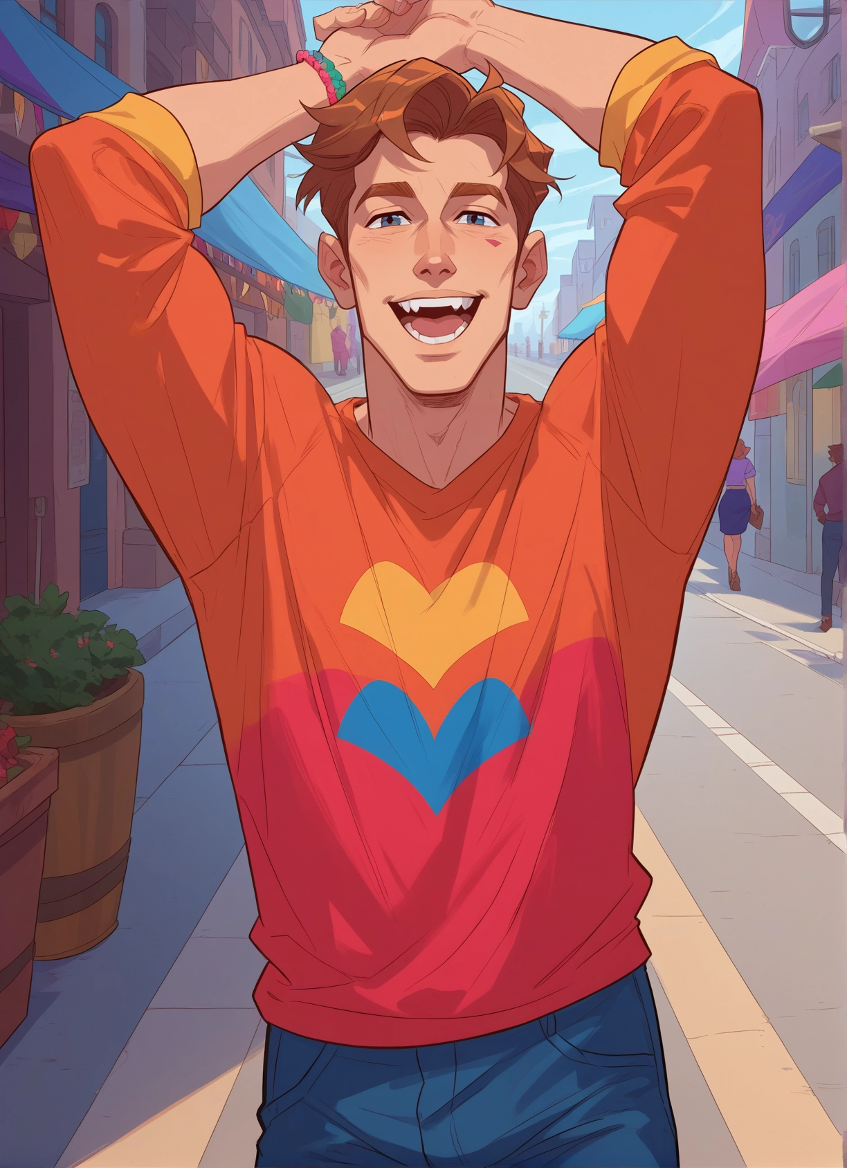 blue eyes, male focus, open mouth, shirt, smile, arms up · Yamete.gg