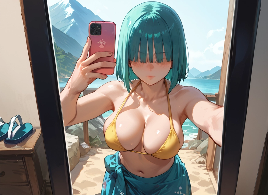 breasts, 1girl, swimsuit, bikini, phone, cellphone
