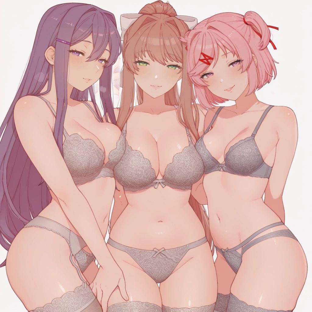 breasts, multiple girls, yuri (doki doki literature club), underwear, bra, monika (doki doki literature club)