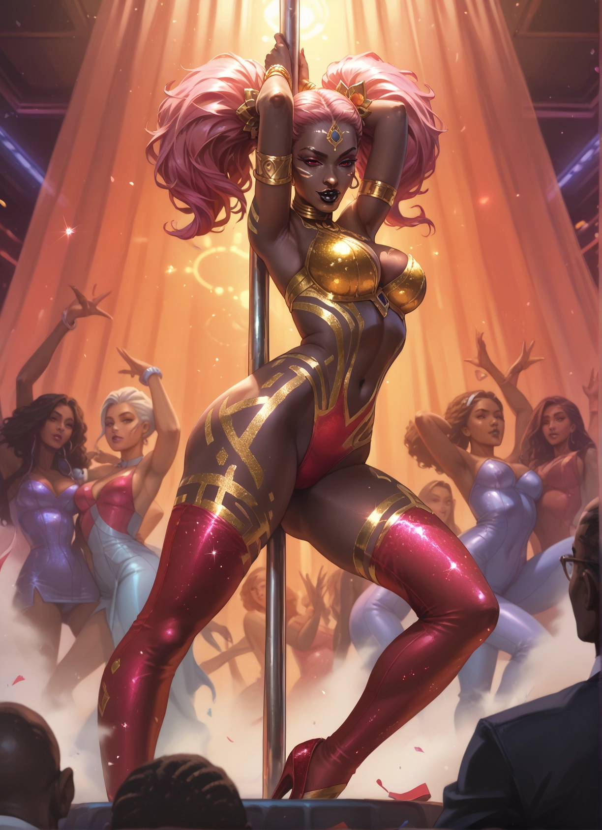 multiple girls, breasts, pink hair, twintails, pole dancing, high heels · Yamete.gg