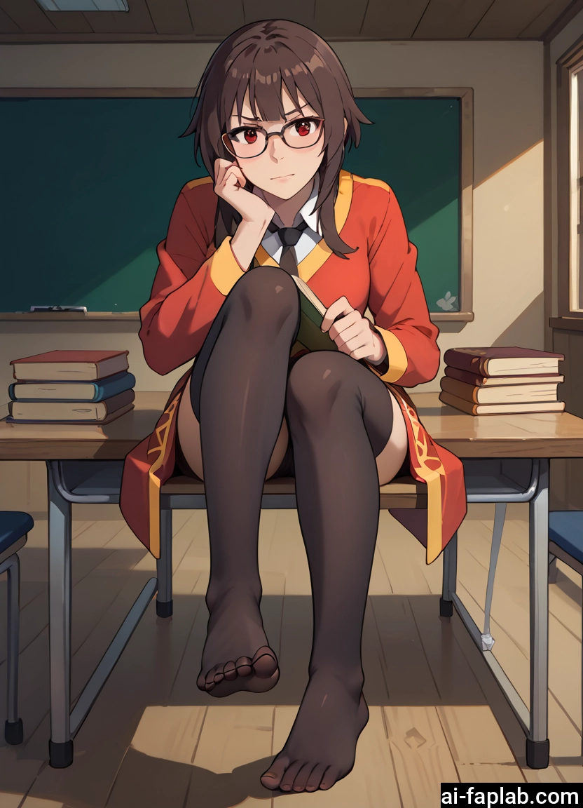 1girl, thighhighs, glasses, red eyes, book, solo · Yamete.gg