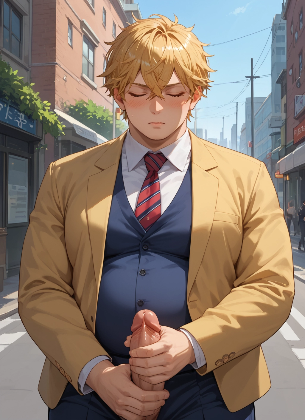 male focus, 1boy, blonde hair, outdoors, closed eyes, penis