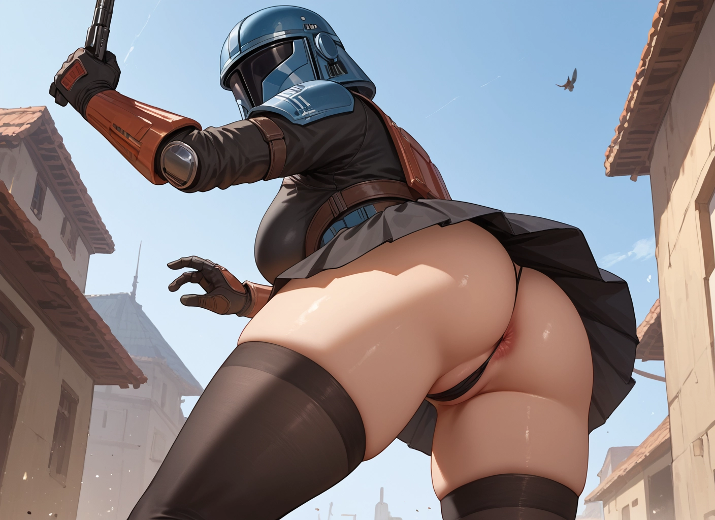 ass, thighhighs, 1girl, weapon, gun, anus · Yamete.gg