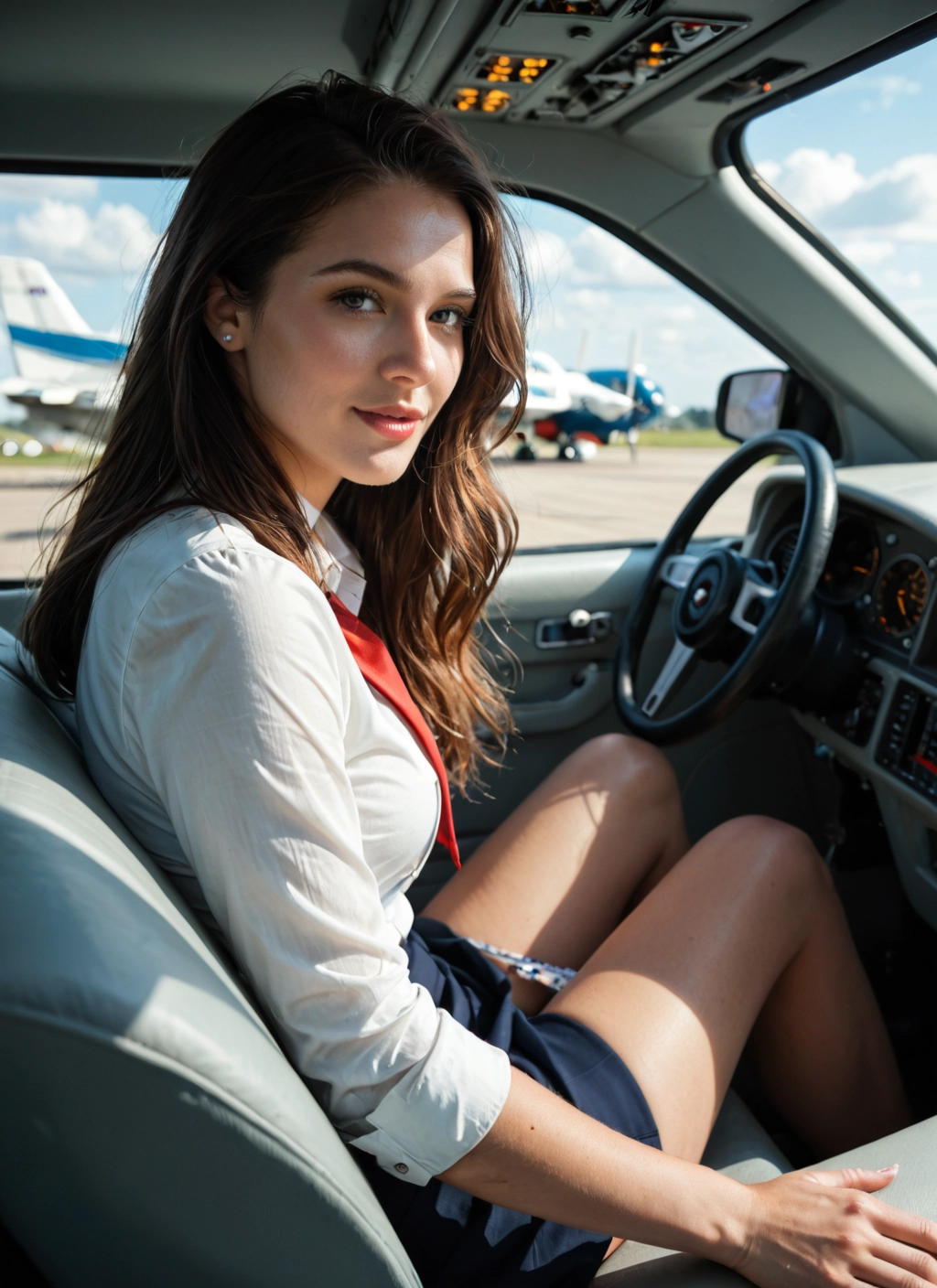 1girl, brown hair, solo, looking at viewer, skirt, car interior · Yamete.gg