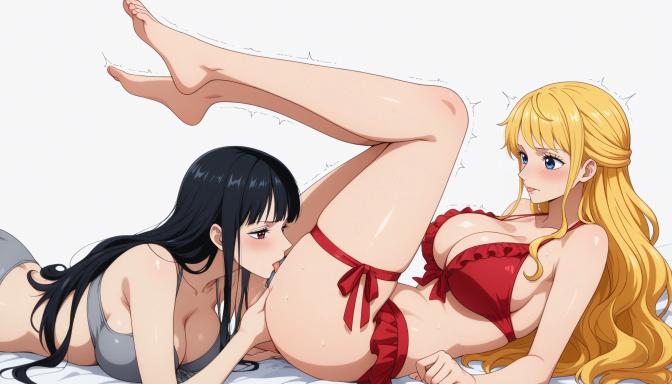 breasts, multiple girls, 2girls, black hair, yuri, blonde hair · Yamete.gg
