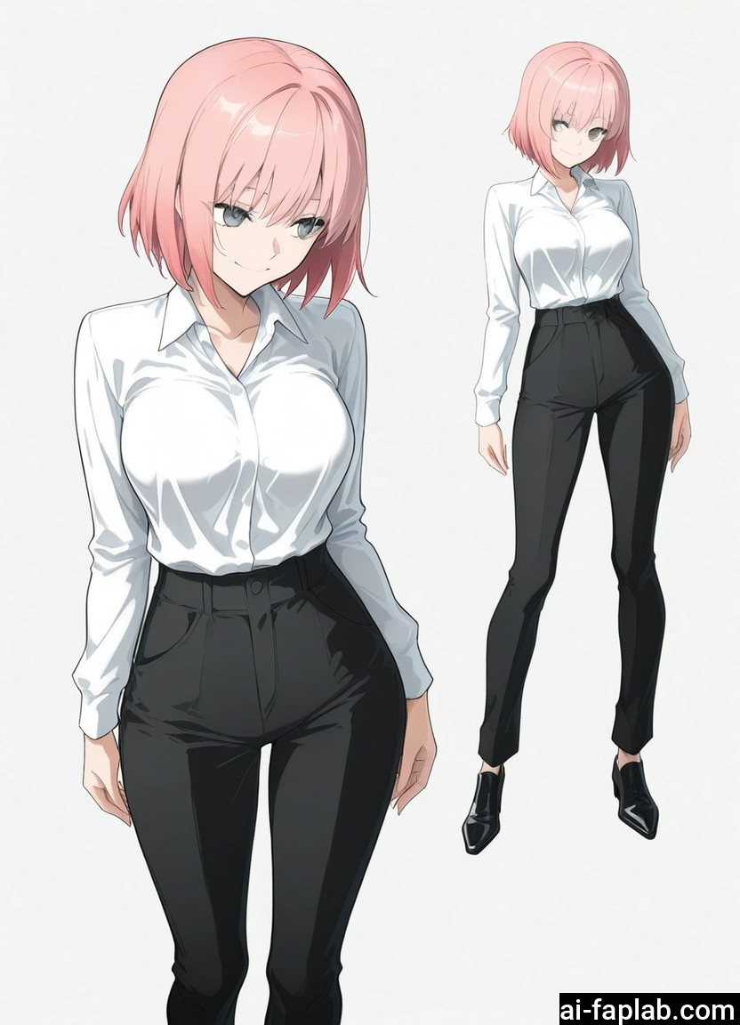 1girl, shirt, breasts, pants, pink hair, white shirt · Yamete.gg