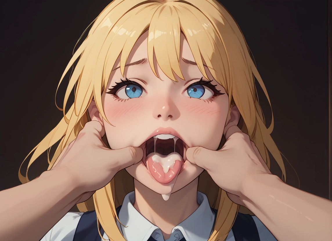 blonde hair, 1girl, blue eyes, cum, open mouth, cum in mouth · Yamete.gg