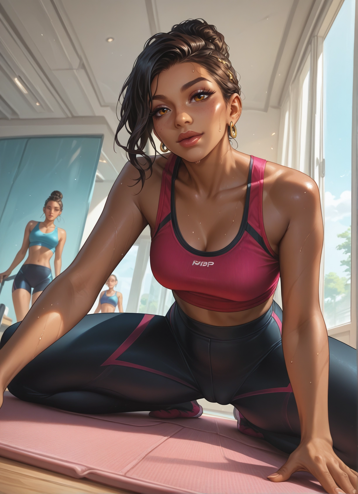 breasts, multiple girls, sweat, jewelry, earrings, sports bra · Yamete.gg