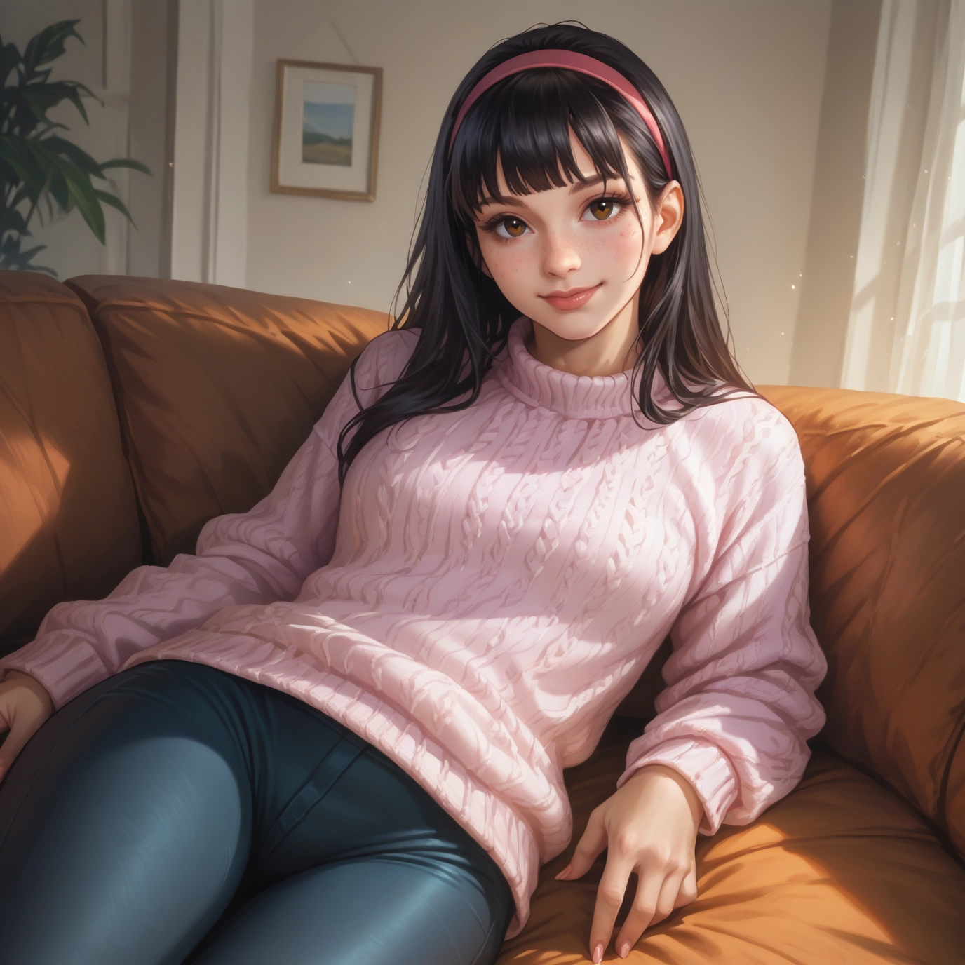 1girl, solo, sweater, pants, black hair, hairband · Yamete.gg